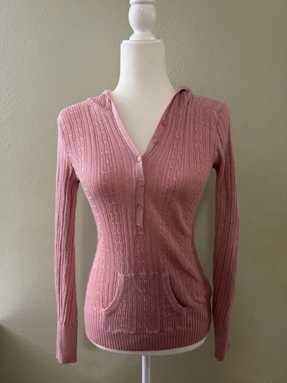 VTG Y2K Pink Metallic Sparkle Cable Knit Henley Hoodie Top Size M